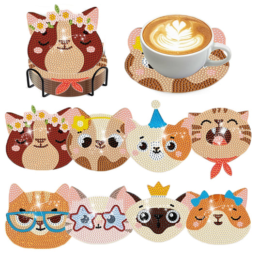 8Pcs Kitten Diamond Painting Coasters with Holder Animal for Party Decor