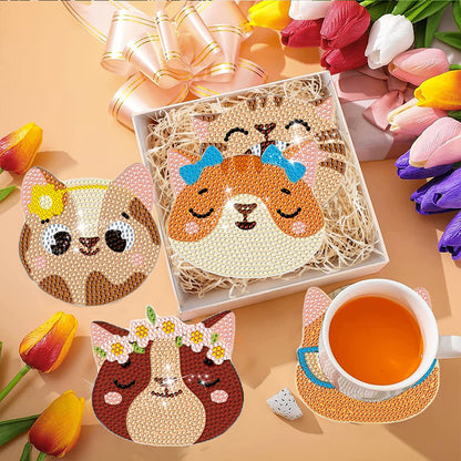 8Pcs Kitten Diamond Painting Coasters with Holder Animal for Party Decor