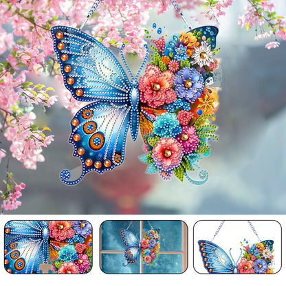 Acrylic Butterfly and Flowers Diamond Painting Hanging Pendant Decor (Blue)