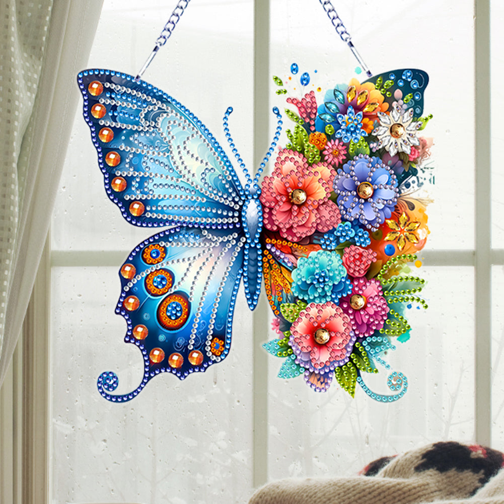 Acrylic Butterfly and Flowers Diamond Painting Hanging Pendant Decor (Blue)