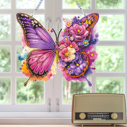 Acrylic Butterfly and Flowers Diamond Painting Hanging Pendant Decor (Purple)