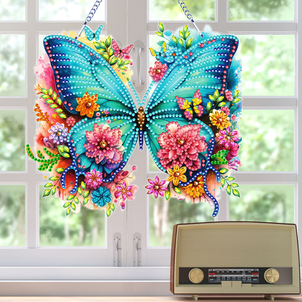Acrylic Butterfly and Flowers Diamond Painting Hanging Pendant Decor (Green)