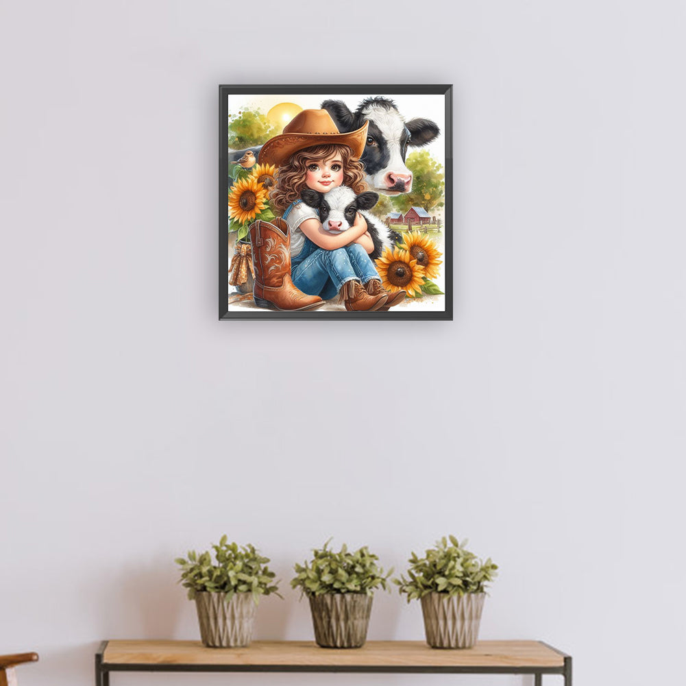 Girl And Cow - Full Round Drill Diamond Painting 30*30CM