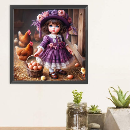 Girl And Chicken - Full Round Drill Diamond Painting 30*30CM