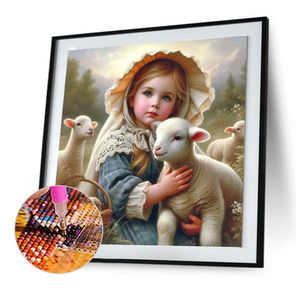 Girl And Sheep - Full Round Drill Diamond Painting 30*30CM