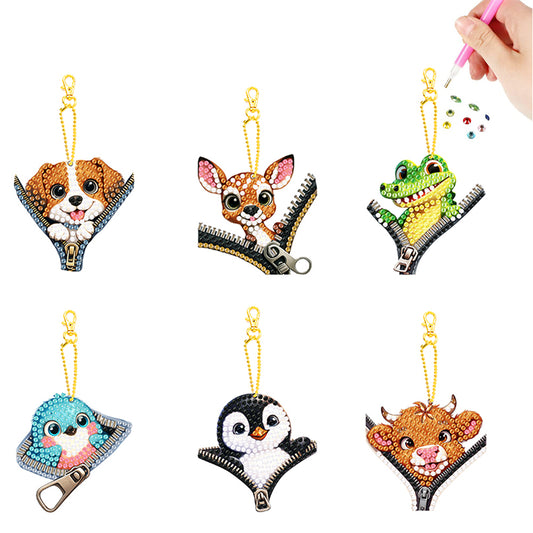 6Pcs Acrylic Double Sided Zipper Animal Diamond Painting Keychain DIY Decor