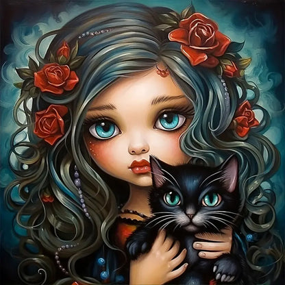 Black Cat Girl - Full Round Drill Diamond Painting 30*30CM