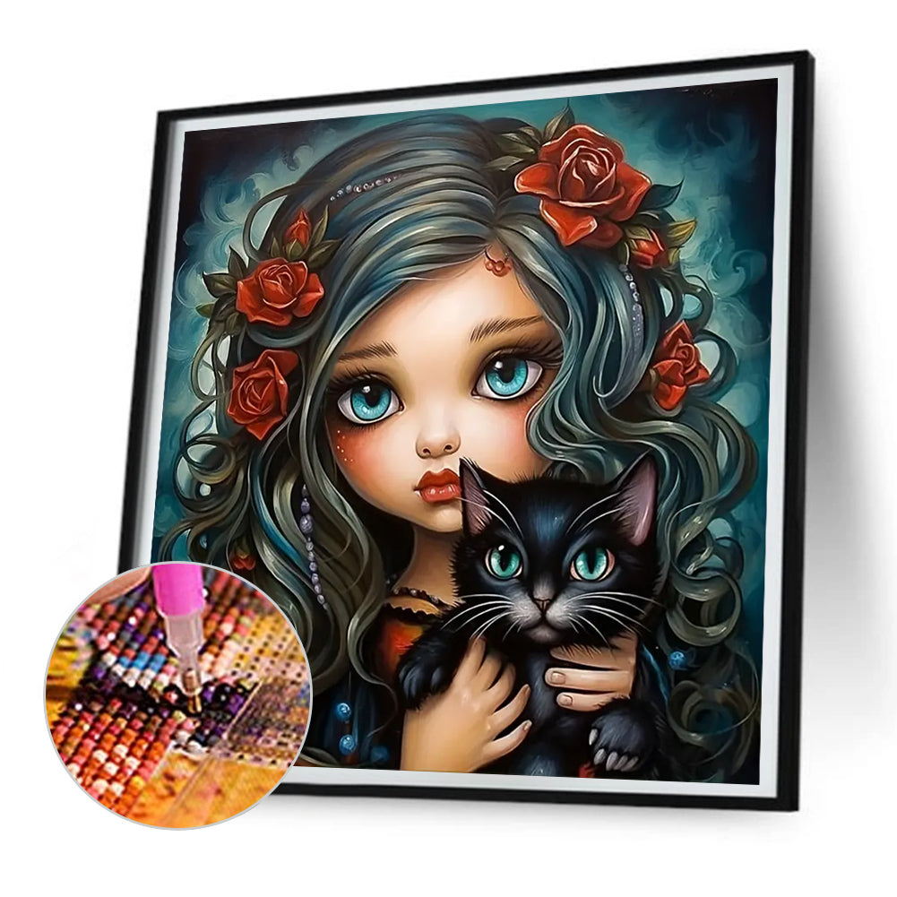 Black Cat Girl - Full Round Drill Diamond Painting 30*30CM