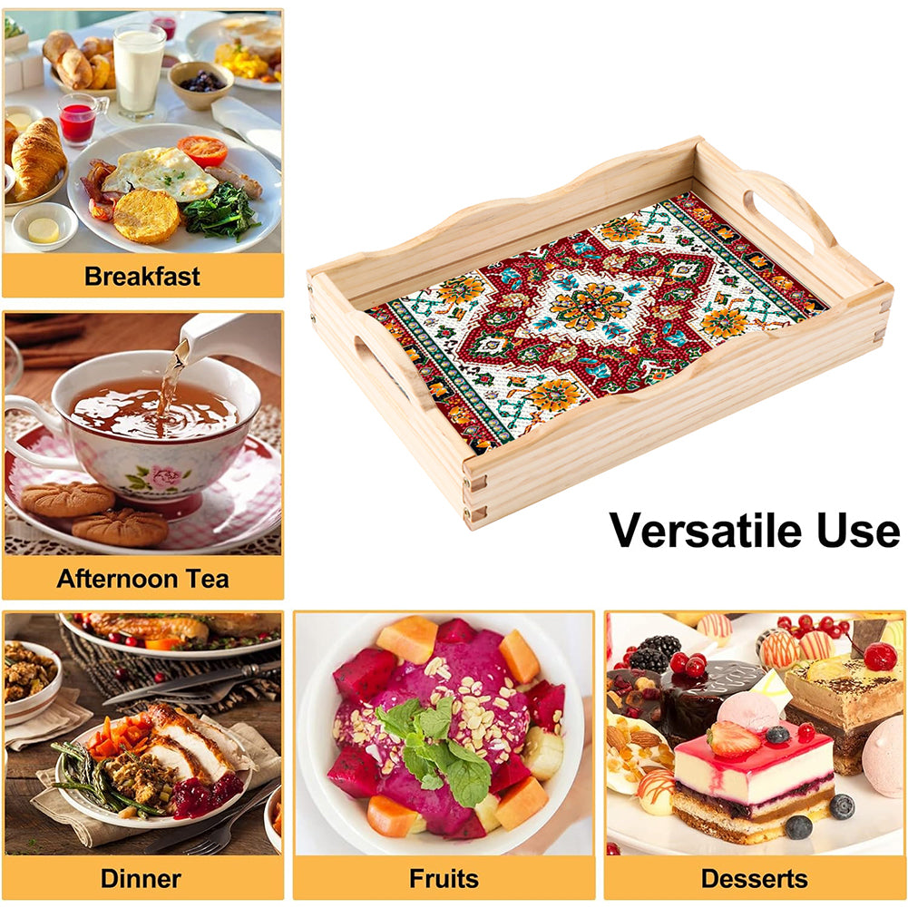 Wooden Retro Pattern 5D DIY Diamond Painting Serving Tray with Handle Home Decor