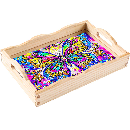 Wooden Butterfly Pattern 5D DIY Diamond Painting Table Serving Tray with Handle