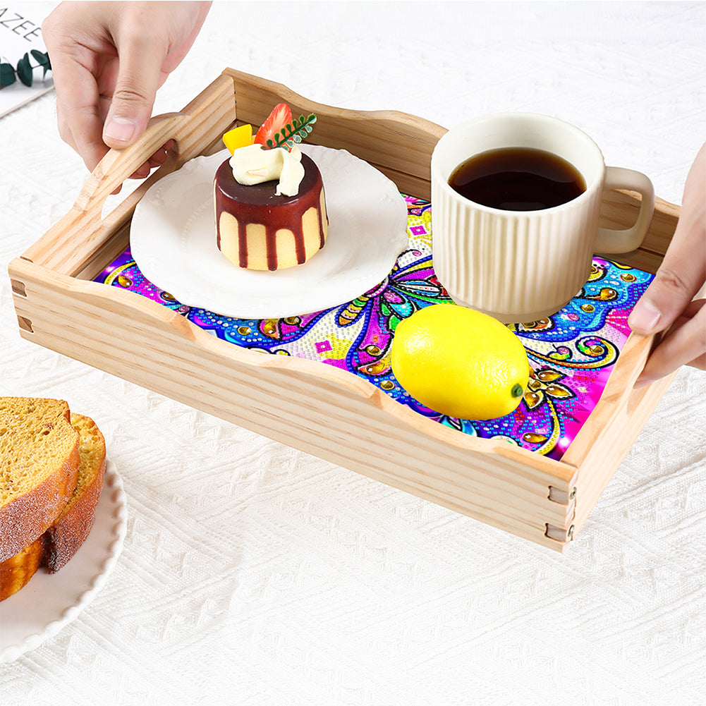 Wooden Butterfly Pattern 5D DIY Diamond Painting Table Serving Tray with Handle