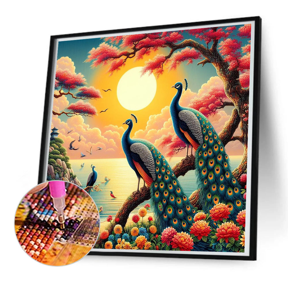 Peacock And Sunset - Full Round Drill Diamond Painting 55*55CM