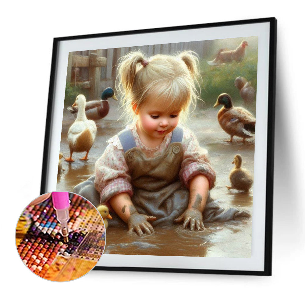 Girl Playing In Mud - Full Square Drill Diamond Painting 40*40CM