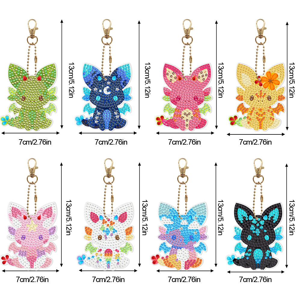 8Pcs PVC Double Sided Special Shaped Cute Fox Diamond Painting Keychain Pendant