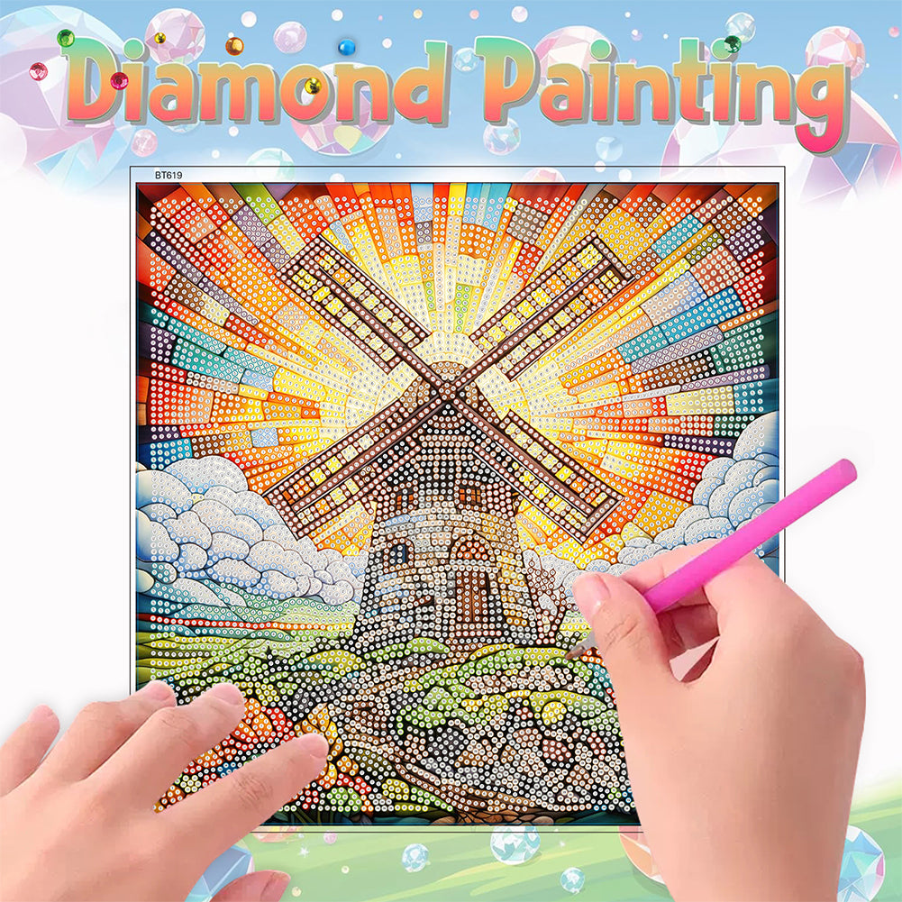 Stained Glass Windmill House Rhinestone Wall Sticker Diamond Painting Sticker