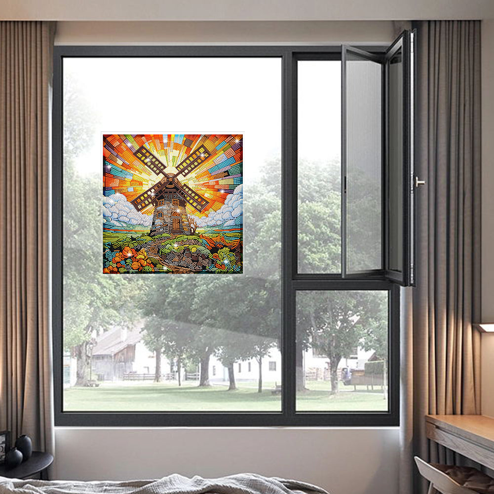 Stained Glass Windmill House Rhinestone Wall Sticker Diamond Painting Sticker