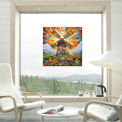 Stained Glass Windmill House Rhinestone Wall Sticker Diamond Painting Sticker