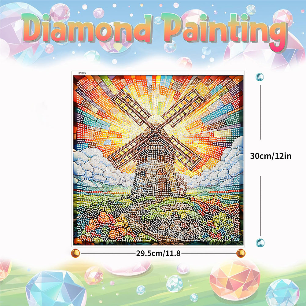 Stained Glass Windmill House Rhinestone Wall Sticker Diamond Painting Sticker
