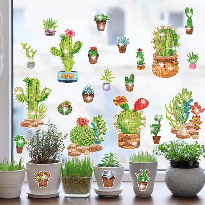 23pcs Potted Cactus Diamond Painting Window Sticker Crystal Diamond Sticker