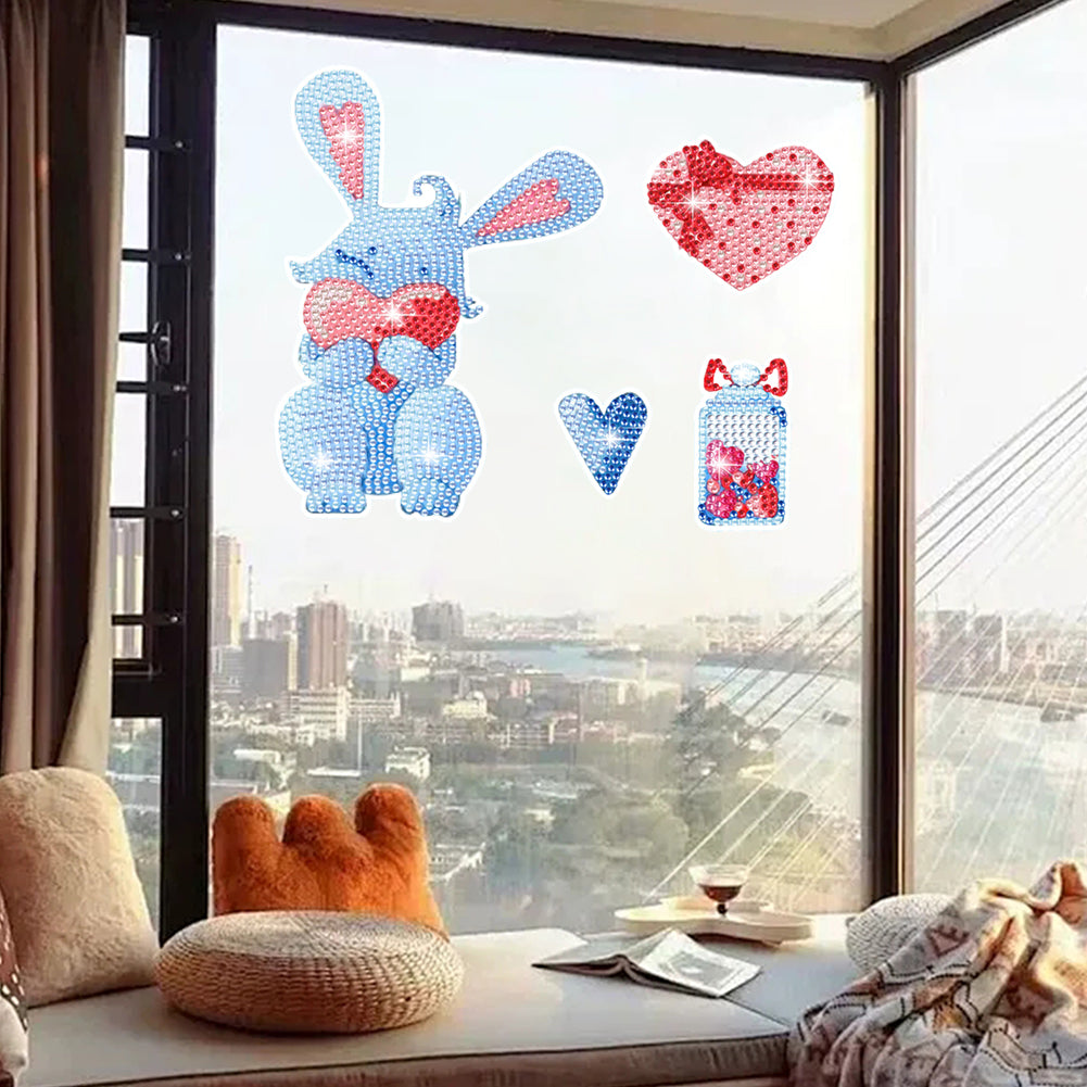 35Pcs Love Blue Rabbit Diamond Painting Window Sticker Glass Window Clings