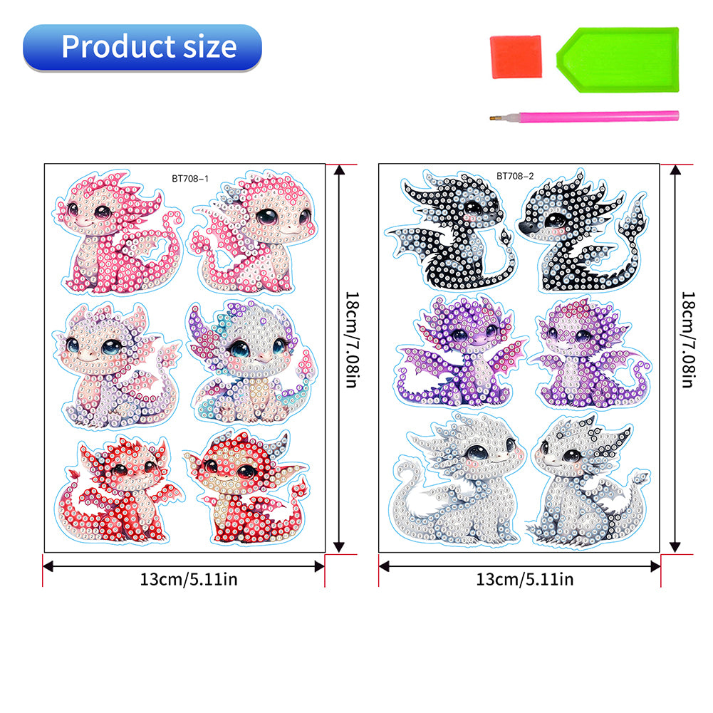 12Pcs Dragon Diamond Painting Sticker Cartoon Dragon Gem Sticker for DIY Arts