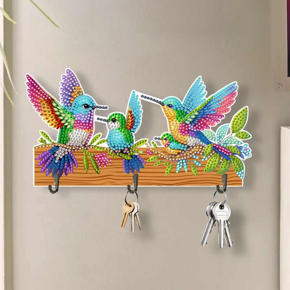 Bird Wooden Diamond Painting Hook Rail with 3 Hooks Punch Free DIY Crafts Decor