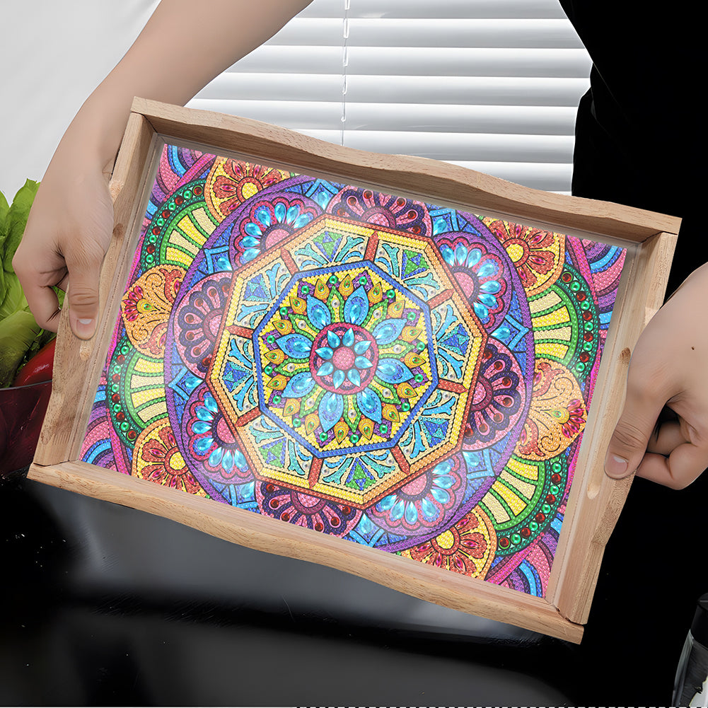 Wooden Mandala 5D DIY Diamond Painting Serving Tray with Handle for Home Decor