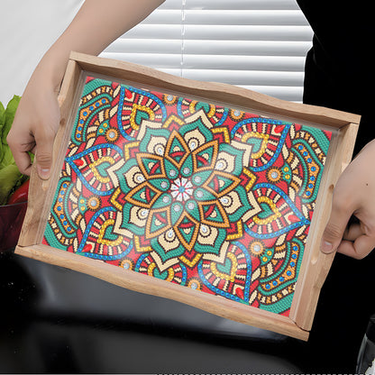 Wooden Mandala 5D DIY Diamond Painting Serving Tray with Handle for Home Decor