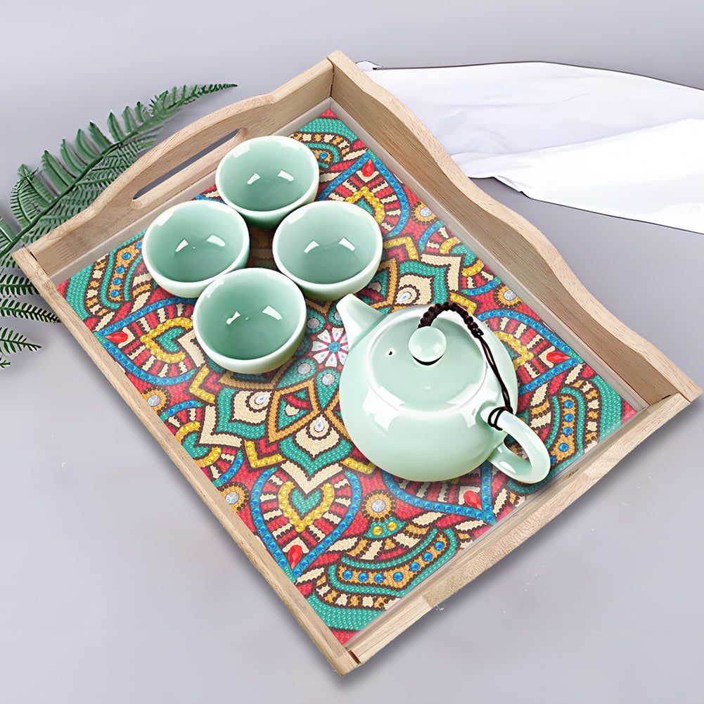 Wooden Mandala 5D DIY Diamond Painting Serving Tray with Handle for Home Decor