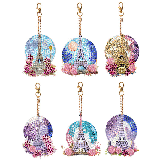 6Pcs Double Side Special Shape Eiffel Tower Diamond Art Craft Keychain for Kids