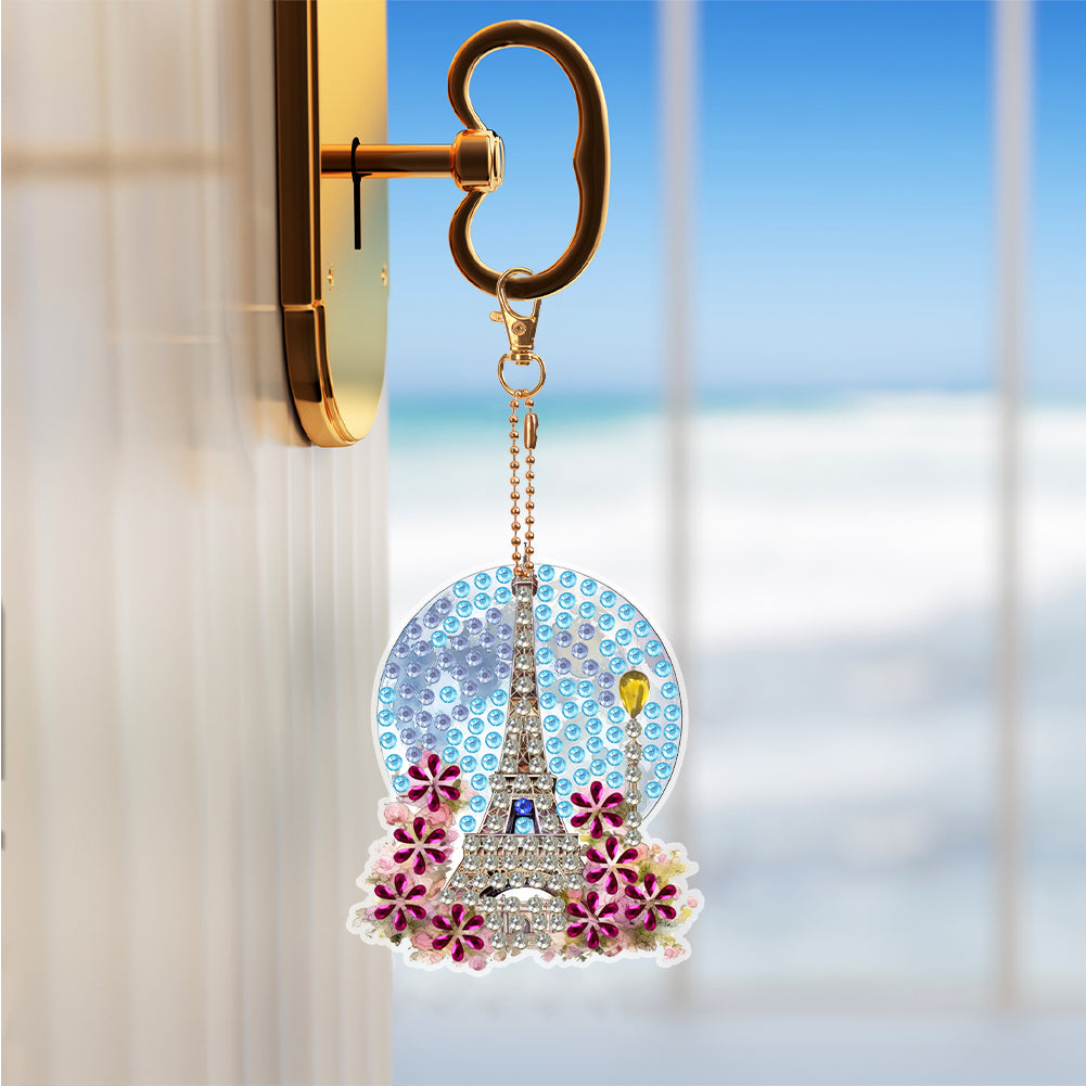 6Pcs Double Side Special Shape Eiffel Tower Diamond Art Craft Keychain for Kids
