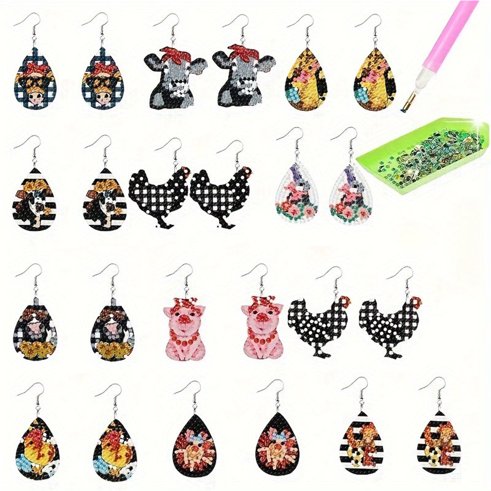 12 Pairs Double Sided Animal Diamond Painting Earrings Mosaic Drill Earring Kits