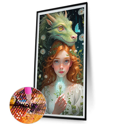 Dragon And Red-Haired Girl - Full AB Round Drill Diamond Painting 40*75CM
