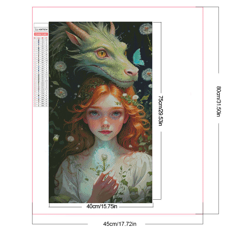 Dragon And Red-Haired Girl - Full AB Round Drill Diamond Painting 40*75CM