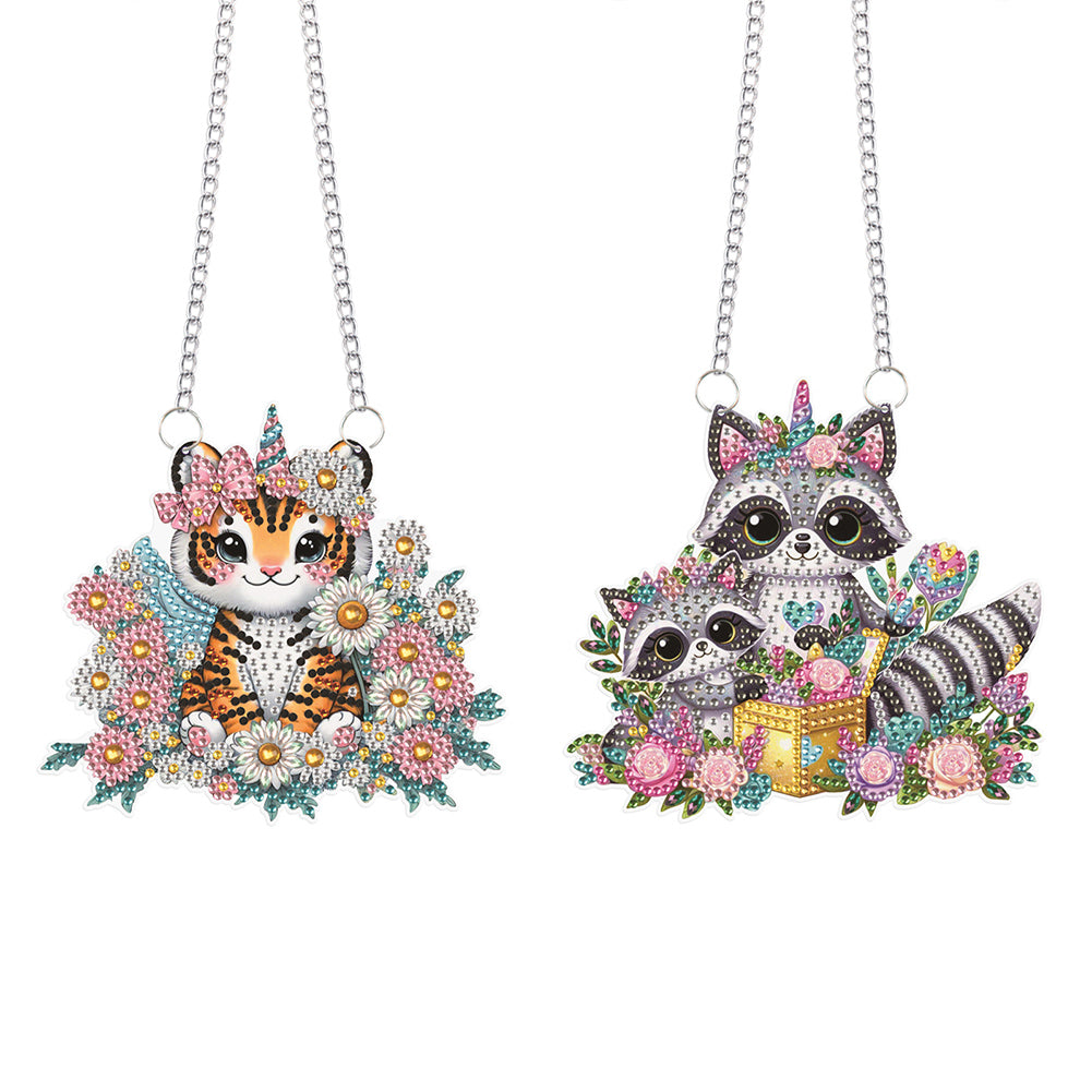 2Pcs PET Special Shaped Tiger Raccoon Diamond Painting Hanging Decor for Bedroom