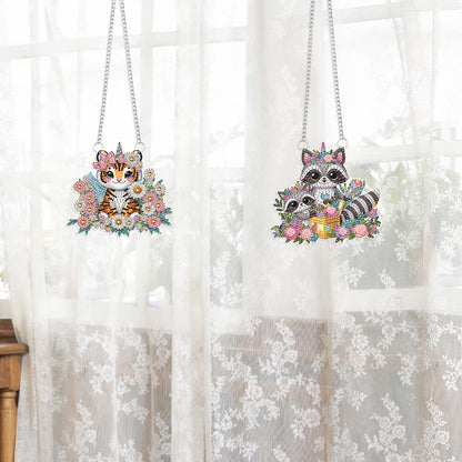 2Pcs PET Special Shaped Tiger Raccoon Diamond Painting Hanging Decor for Bedroom