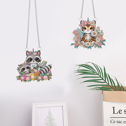 2Pcs PET Special Shaped Tiger Raccoon Diamond Painting Hanging Decor for Bedroom