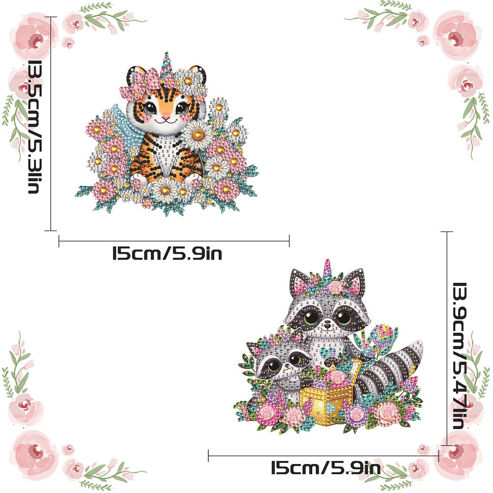 2Pcs PET Special Shaped Tiger Raccoon Diamond Painting Hanging Decor for Bedroom