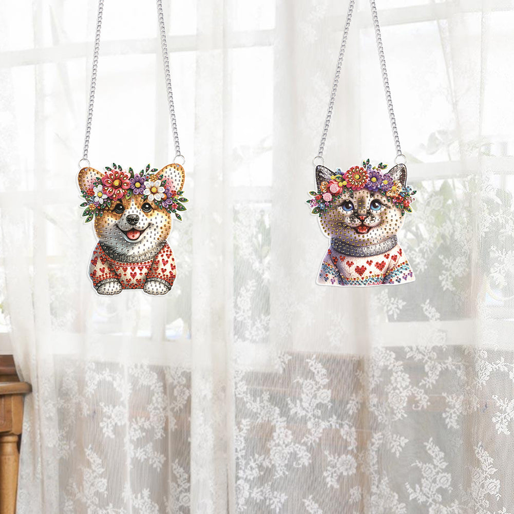 2Pcs PET Special Shaped Kitten Puppy Diamond Painting Hanging Decor for Bedroom