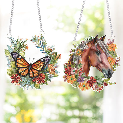 2Pcs PET Special Shaped Wreath Butterfly Horse Diamond Painting Hanging Decor