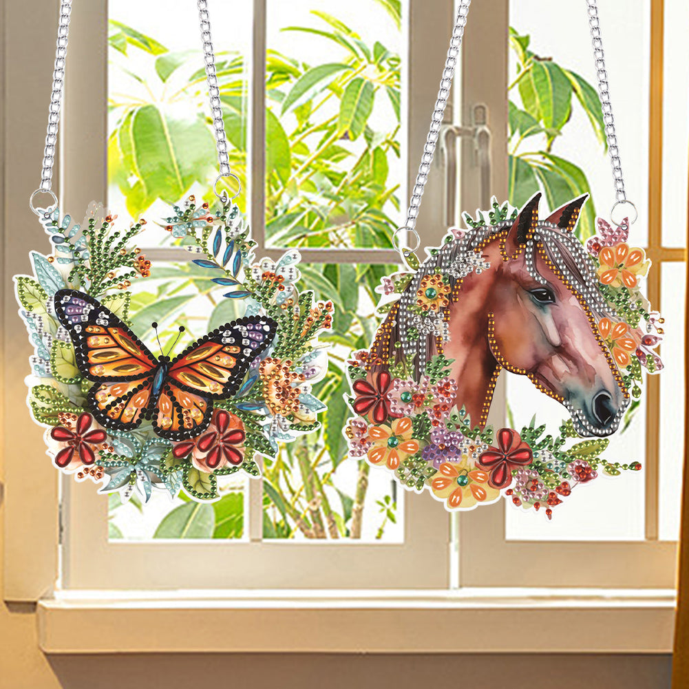 2Pcs PET Special Shaped Wreath Butterfly Horse Diamond Painting Hanging Decor