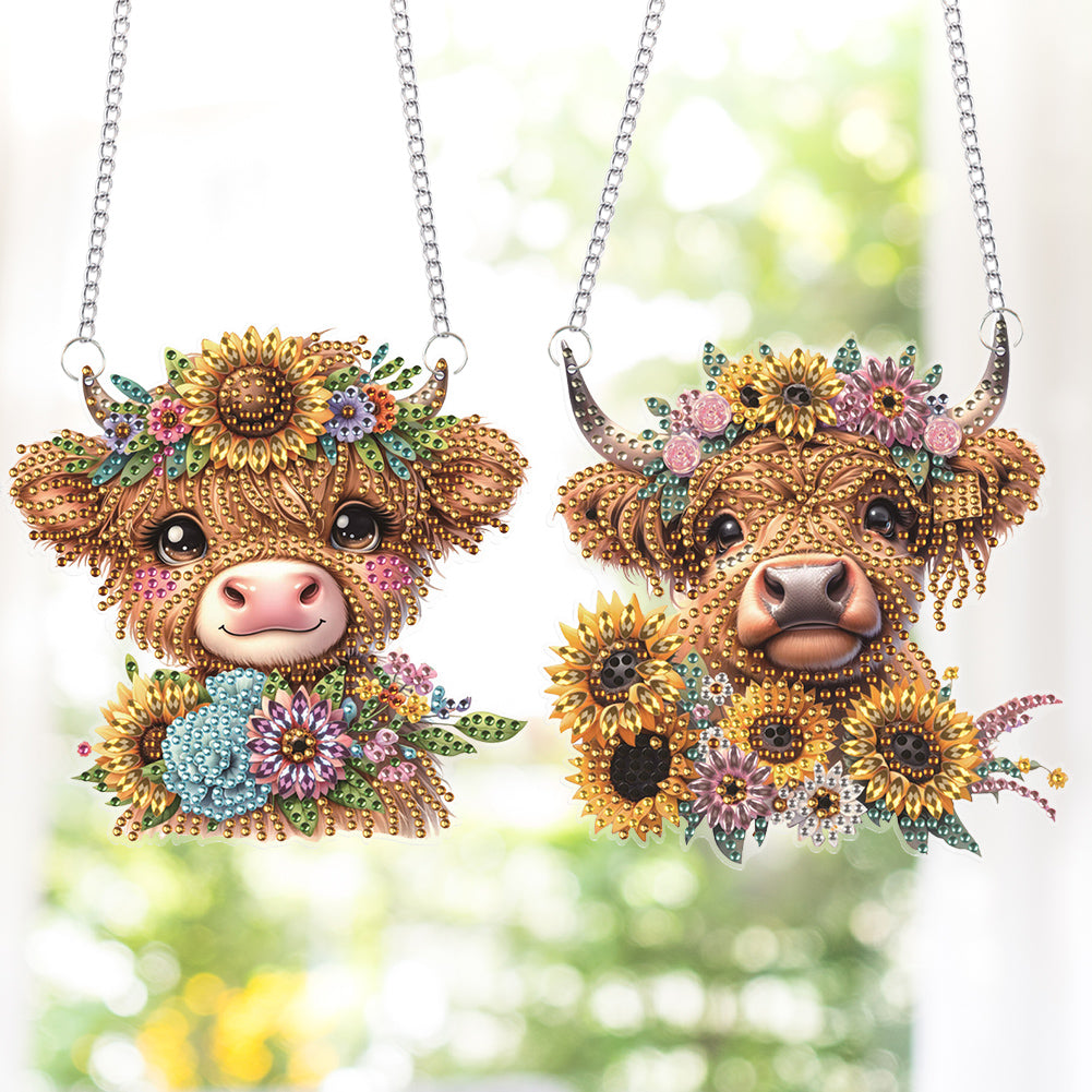 2Pcs PET Special Shaped Sunflower Calf Diamond Painting Hanging Decor for Home