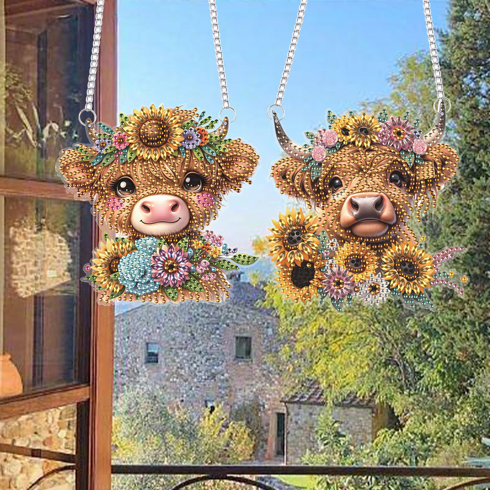 2Pcs PET Special Shaped Sunflower Calf Diamond Painting Hanging Decor for Home