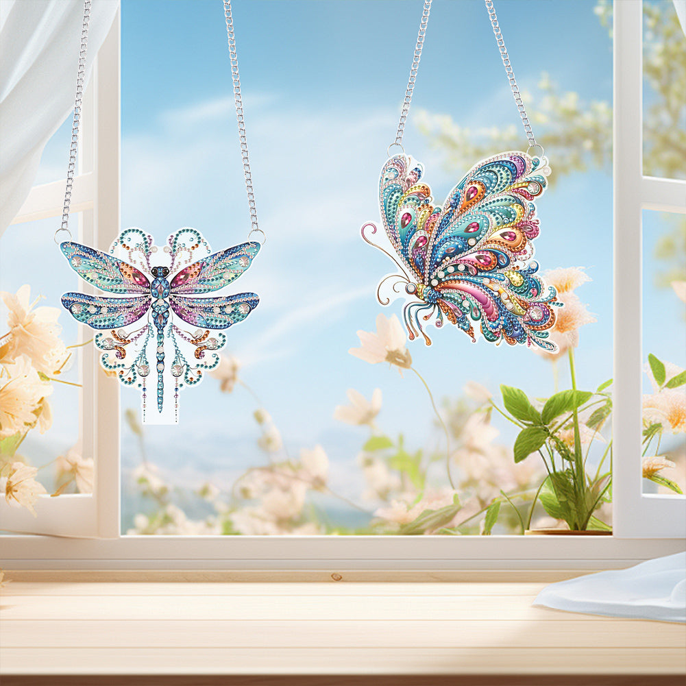 2Pcs PET Special Shaped Dragonfly Butterfly Diamond Painting Hanging Decoration