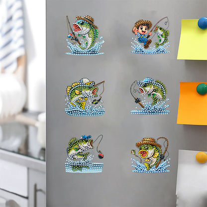 6Pcs Acrylic Special Shape Fishing Diamond Painting Fridge Magnet for Home Decor