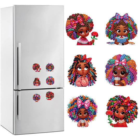 6Pcs Acrylic Special Shape Curly-Haired Girl Diamond Painting Fridge Magnet