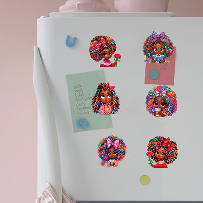 6Pcs Acrylic Special Shape Curly-Haired Girl Diamond Painting Fridge Magnet