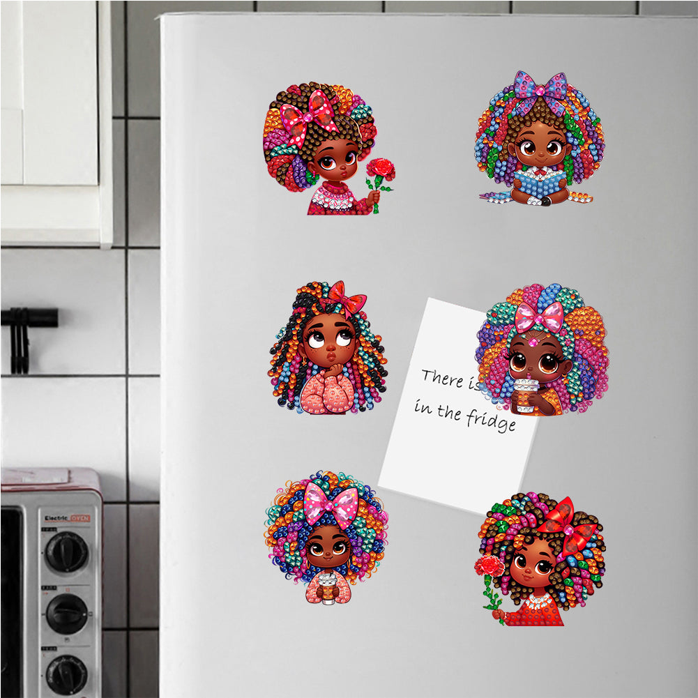 6Pcs Acrylic Special Shape Curly-Haired Girl Diamond Painting Fridge Magnet