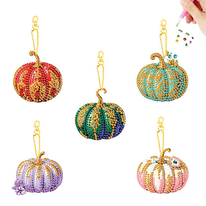 5Pcs Double Sided Autumn Halloween Pumpkin Diamond Painting Art Keychain Pendant