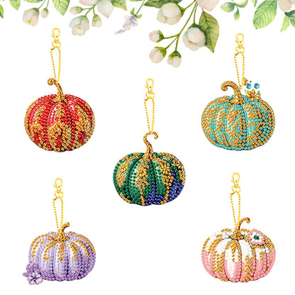 5Pcs Double Sided Autumn Halloween Pumpkin Diamond Painting Art Keychain Pendant